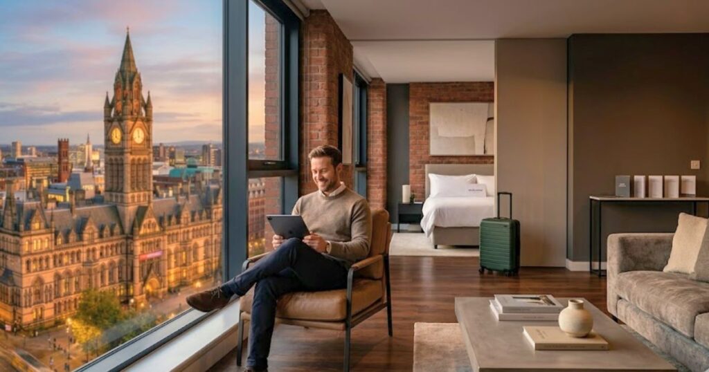 Man using tablet in a luxury rental property England overlooking Manchester Town Hall at sunset; modern interior.