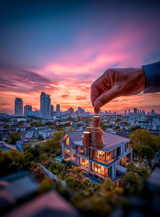 Stacking coins on a house for airbnb property management in england, with a city sunset backdrop.