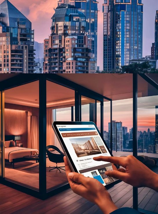 Modern apartment with city views, ideal for Airbnb Management in England, shown on a digital tablet.
