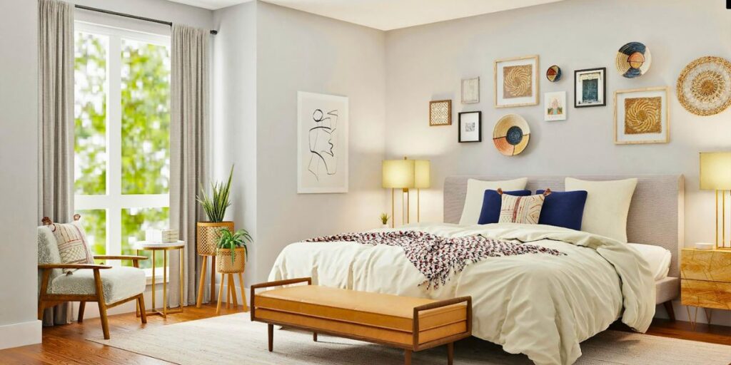 Bright, modern bedroom in a Liverpool property with stylish wall decor and a large window.