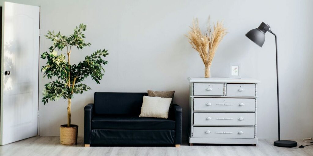 Minimalist rentals Liverpool living space with a black sofa, vintage chest, and a potted plant.